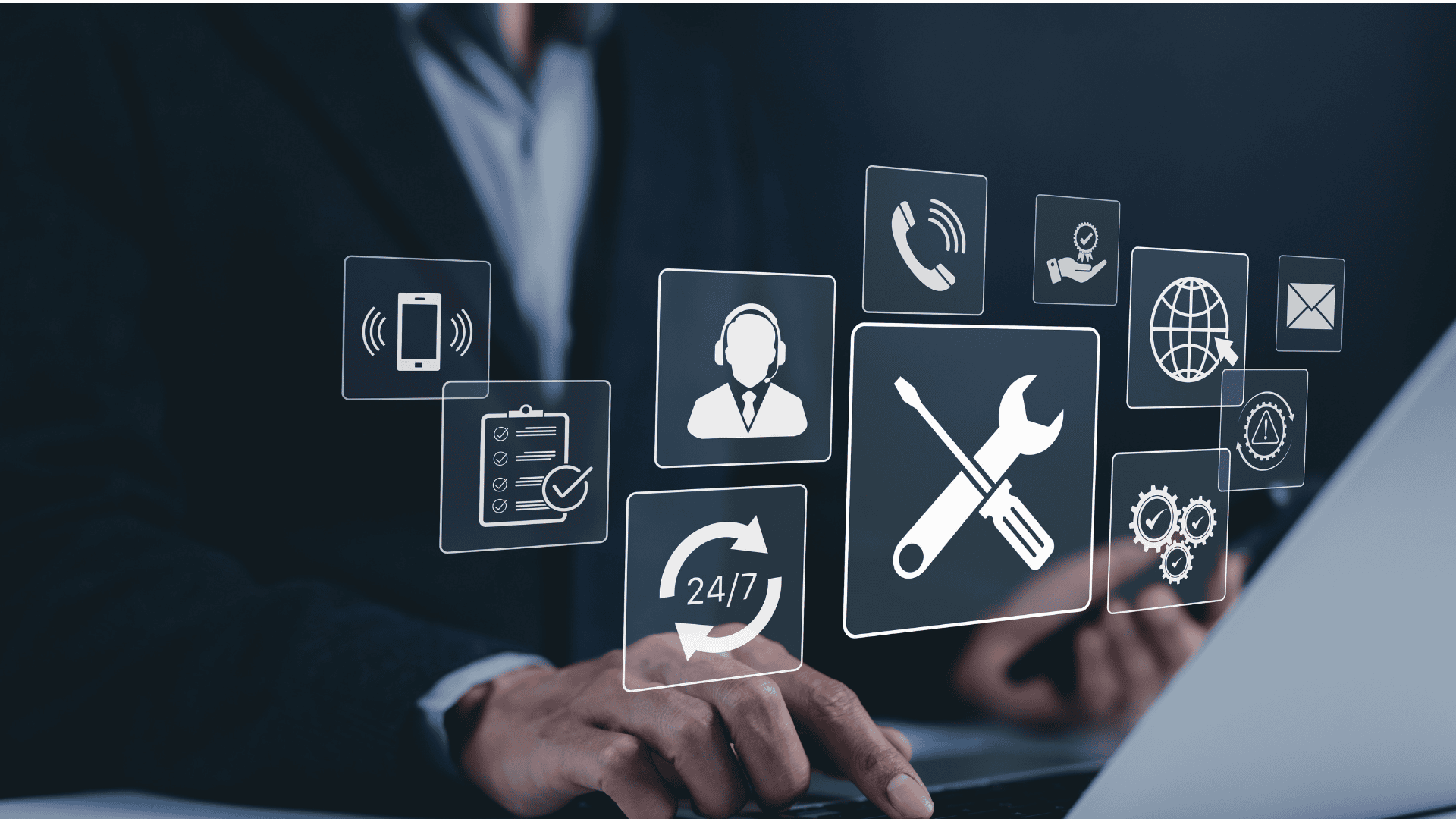 Digital icon representing technical support, customer service, and 24/7 assistance.