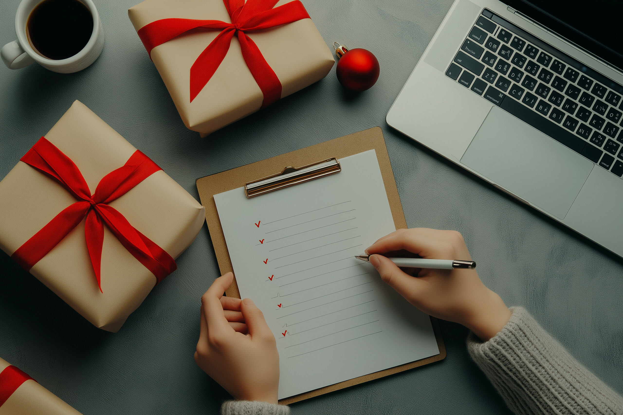 Woman making a list with presents, a laptop, and coffee, planning the remaining holiday purchases.
