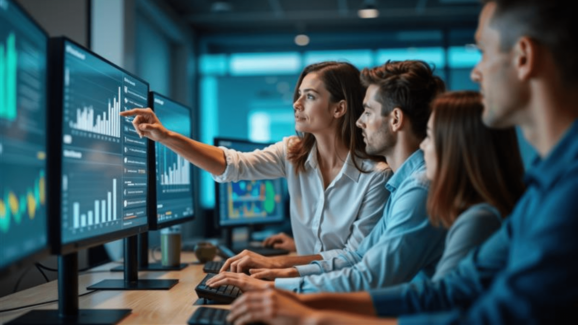Young woman points at monitors showing data analysis charts